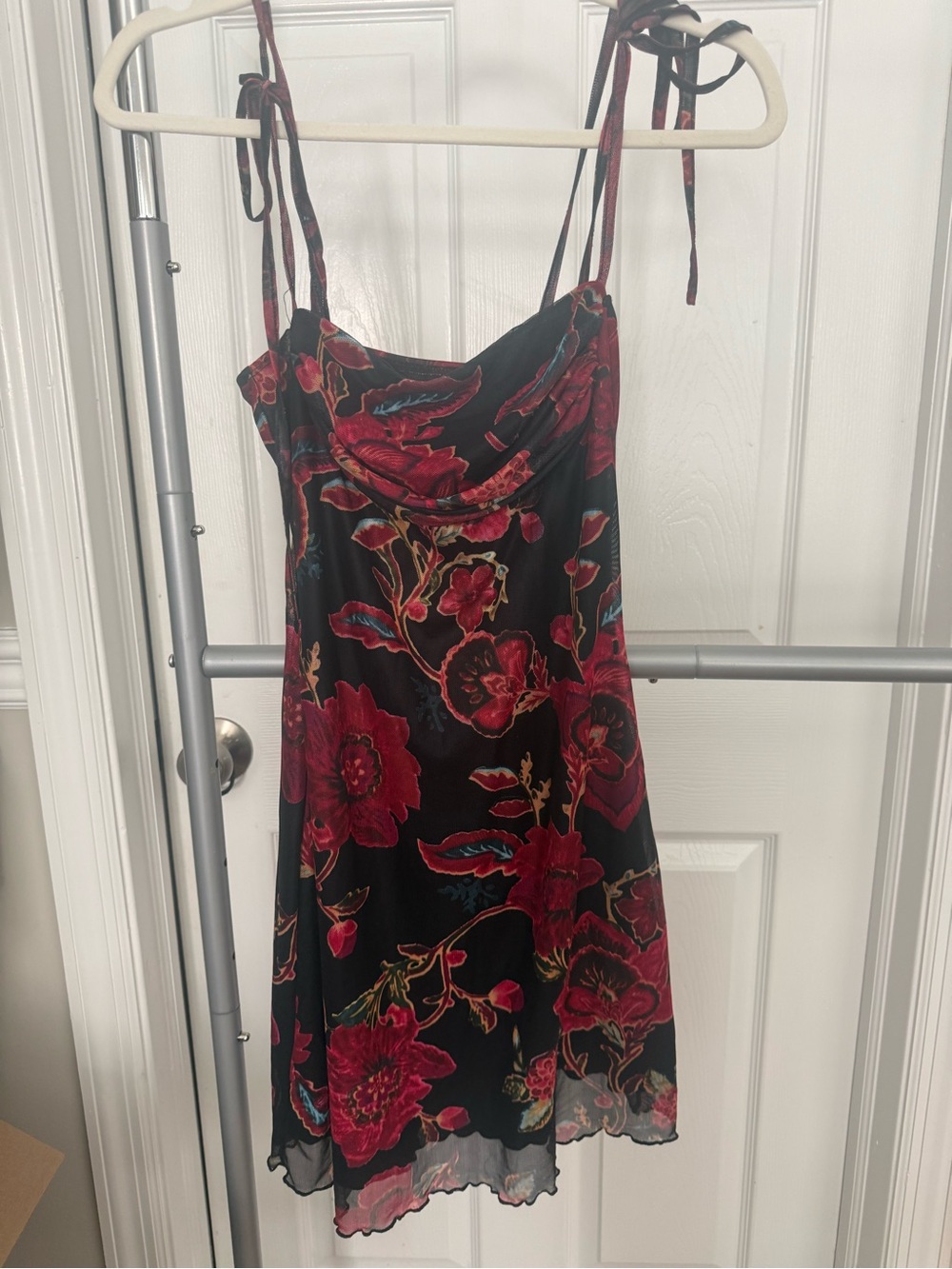 Cider Black Mini Slip Dress with Red Floral Print